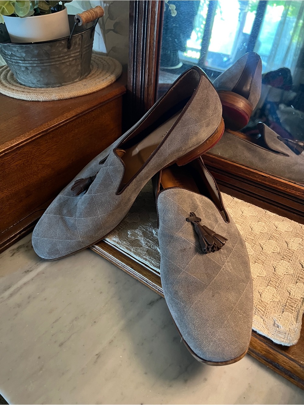 ZERBAY Classic Hekla Patterned Suede Tassel Slip On Loafer Grey Brown Men's 13
